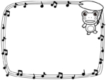 音符と葉っぱを持つカエルの白黒フレーム飾り枠イラスト
