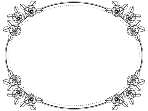 バラの飾りの楕円形の白黒フレーム飾り枠イラスト