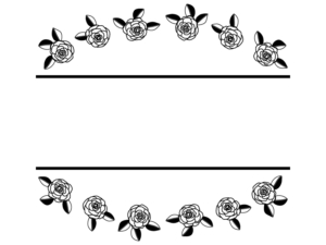 バラの飾りと二本の線の白黒フレーム飾り枠イラスト