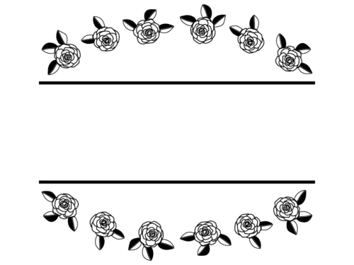 バラの飾りと二本の線の白黒フレーム飾り枠イラスト