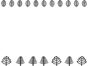北欧風の木や葉っぱの線画の白黒上下フレーム飾り枠イラスト
