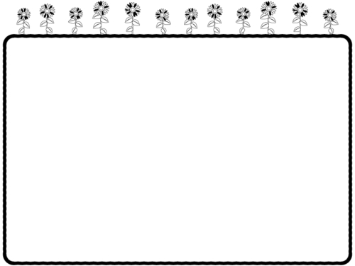一列に並んだひまわりの花の白黒四角フレーム飾り枠イラスト