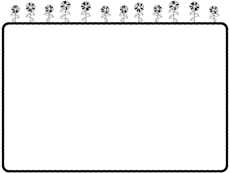 一列に並んだひまわりの花の白黒四角フレーム飾り枠イラスト | 無料