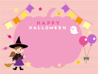 フラッグガーランドと魔女のかぼちゃ型ハロウィンフレーム飾り枠イラスト