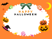 リボン飾りのかぼちゃと三日月の楕円ハロウィンフレーム飾り枠イラスト
