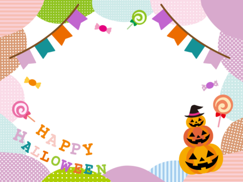 かぼちゃとフラッグガーランドのモクモクハロウィンフレーム飾り枠イラスト