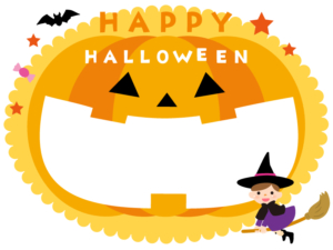 口を開いたかぼちゃと魔女のハロウィンフレーム飾り枠イラスト