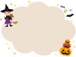魔女とかぼちゃのもこもこベージュ色ハロウィンフレーム飾り枠イラスト