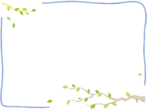 緑の葉っぱと枝の水色手書きフレーム飾り枠イラスト