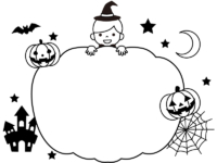 顔を出した魔女とかぼちゃの白黒ハロウィンフレーム飾り枠イラスト