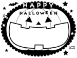 口を開いたかぼちゃと魔女の白黒ハロウィンフレーム飾り枠イラスト