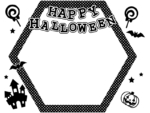 かぼちゃとお城と風船の白黒六角形ハロウィンフレーム飾り枠イラスト