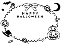 リボン飾りのかぼちゃと三日月の白黒楕円ハロウィンフレーム飾り枠イラスト