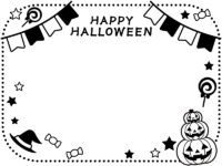 3段かぼちゃとフラッグガーランドの白黒点線ハロウィンフレーム飾り枠イラスト