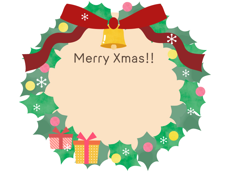 クリスマスリースのベージュ色フレーム飾り枠イラスト | 無料 クリスマスリースのベージュ色フレーム飾り枠イラスト | 無料