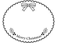 リボン付きのもこもこ楕円の白黒クリスマスフレーム飾り枠イラスト