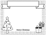 リボンとクリスマスツリーとプレゼントの白黒水玉フレーム飾り枠イラスト