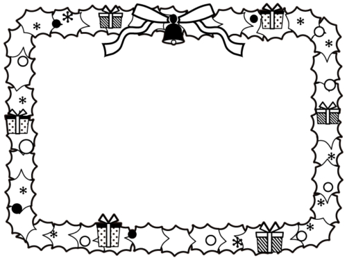 クリスマスリースの白黒四角フレーム飾り枠イラスト