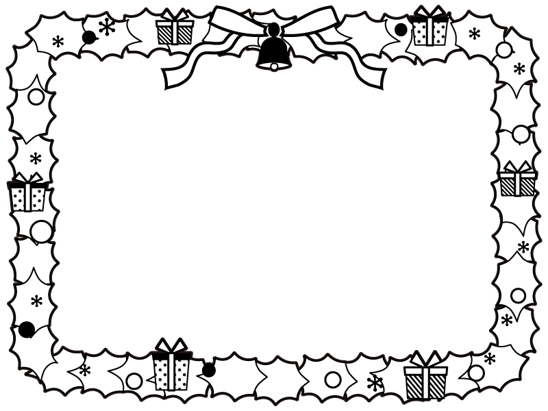 クリスマスリースの白黒四角フレーム飾り枠イラスト | 無料イラスト