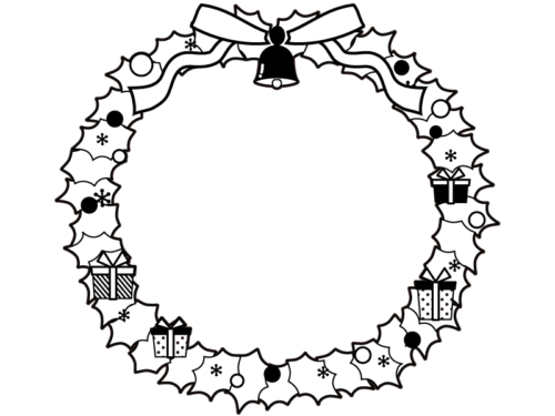 クリスマスリースの白黒フレーム飾り枠イラスト