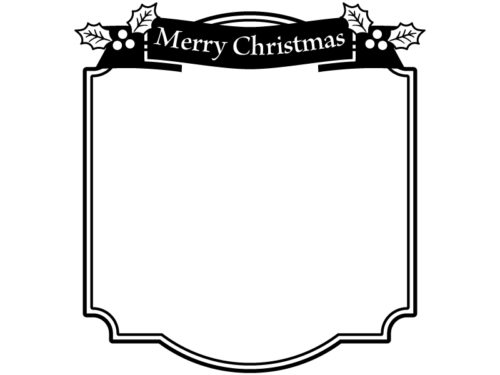 リボンと柊のラベル風白黒クリスマスフレーム飾り枠イラスト