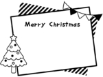 クリスマスツリーとフラッグガーランドの白黒フレーム飾り枠イラスト