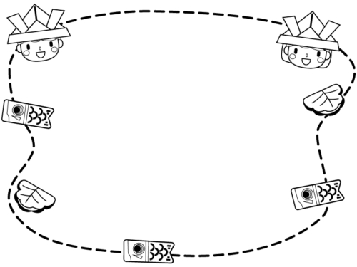 鯉のぼりとこどもの手書き風白黒点線フレーム飾り枠イラスト