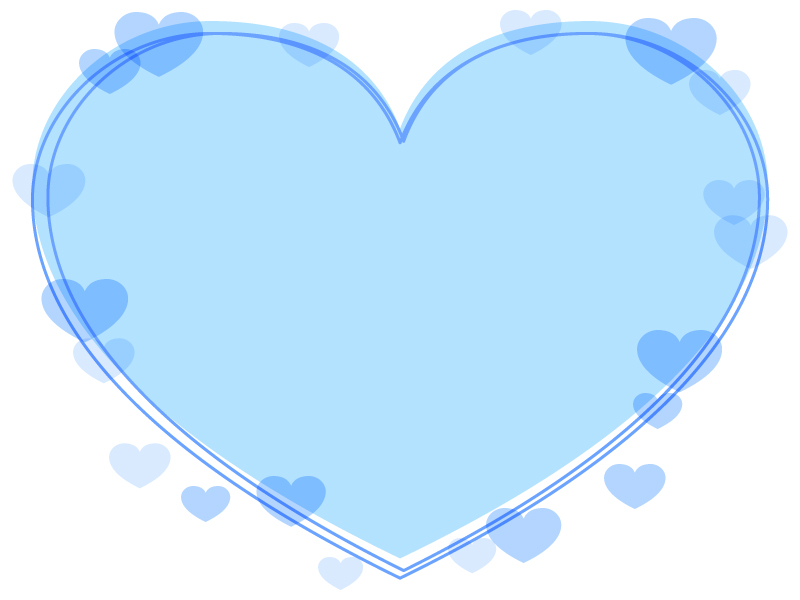 ハートを散らした青いハート型のフレーム飾り枠イラスト | 無料