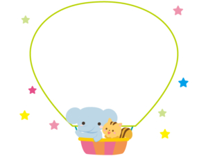 バルーンに乗ったゾウとリスと星のフレーム飾り枠イラスト