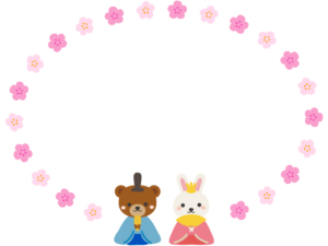 かわいいクマとウサギとお花のひな祭り楕円フレーム飾り枠イラスト