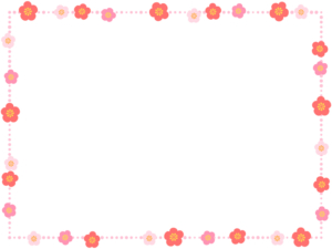 梅の花とピンク色の点線囲みフレーム飾り枠イラスト