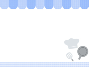 フライパンとお店風（青色）の上下フレーム飾り枠イラスト