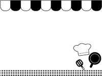 フライパンとお店風（白黒）の上下フレーム飾り枠イラスト