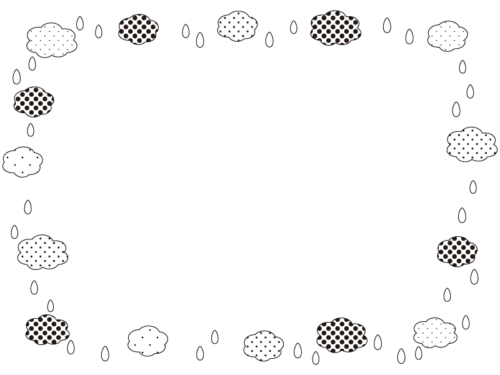 ドット柄の雲と雨粒の白黒囲みフレーム飾り枠イラスト