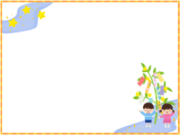 七夕飾りと子供たちのオレンジ色フレーム飾り枠イラスト