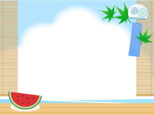風鈴とすだれと入道雲とスイカのフレーム飾り枠イラスト