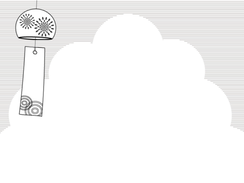風鈴と入道雲の白黒ボーダーフレーム飾り枠イラスト