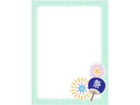 花火と祭りのうちわの緑色縦長フレーム飾り枠イラスト