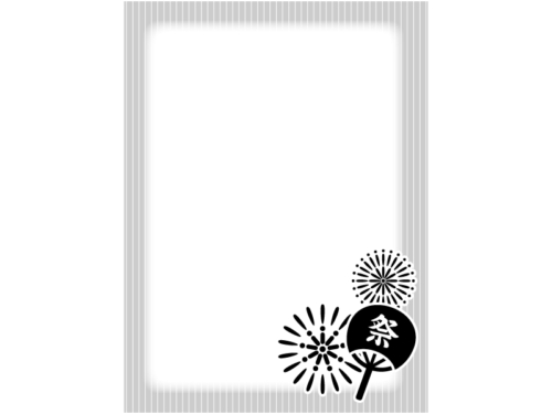 花火と祭りのうちわの白黒縦長フレーム飾り枠イラスト