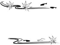 金魚ともみじの筆線の流線白黒上下フレーム飾り枠イラスト