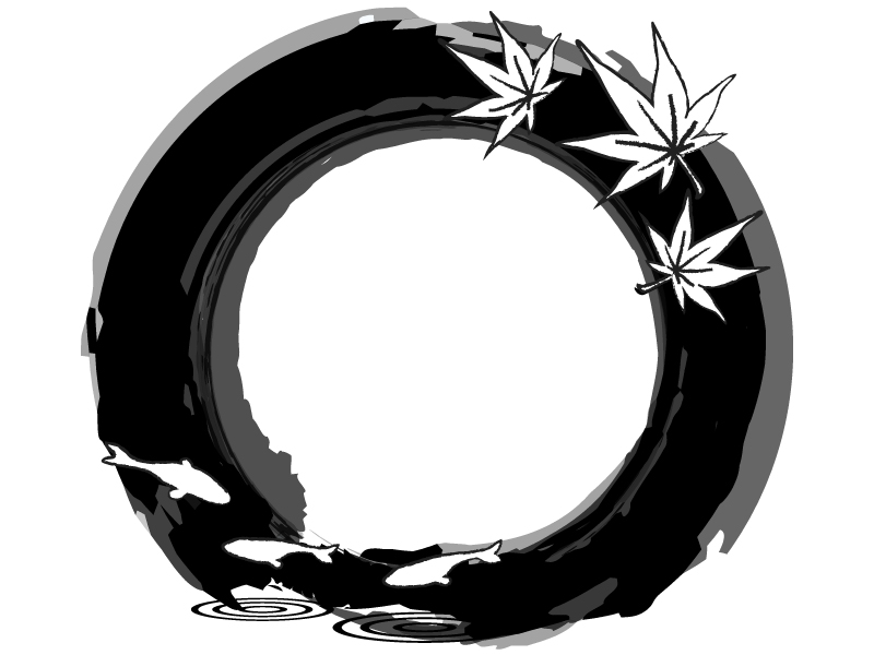 金魚ともみじの白黒筆線円形フレーム飾り枠イラスト | 無料イラスト