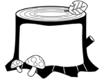 落ち葉が乗った切り株の形の白黒フレーム飾り枠イラスト