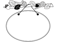紅葉した葉っぱで飾りつけた枝と看板の白黒フレーム飾り枠イラスト