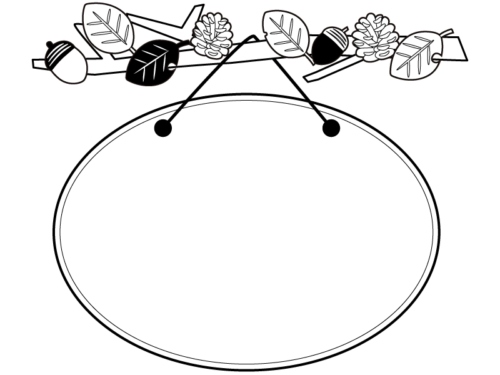 紅葉した葉っぱで飾りつけた枝と看板の白黒フレーム飾り枠イラスト