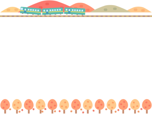 紅葉した秋の風景と電車の上下フレーム飾り枠イラスト