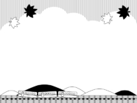 紅葉した秋の風景と電車の白黒上下フレーム飾り枠イラスト
