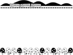 紅葉した木と秋の風景と電車の白黒上下フレーム飾り枠イラスト