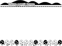 紅葉した木と秋の風景と電車の白黒上下フレーム飾り枠イラスト