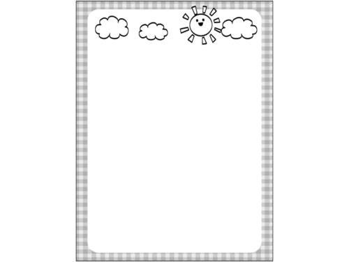 笑顔の太陽と雲の縦長白黒チェック柄フレーム飾り枠イラスト