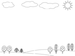 太陽と雲と木々の白黒上下フレーム飾り枠イラスト